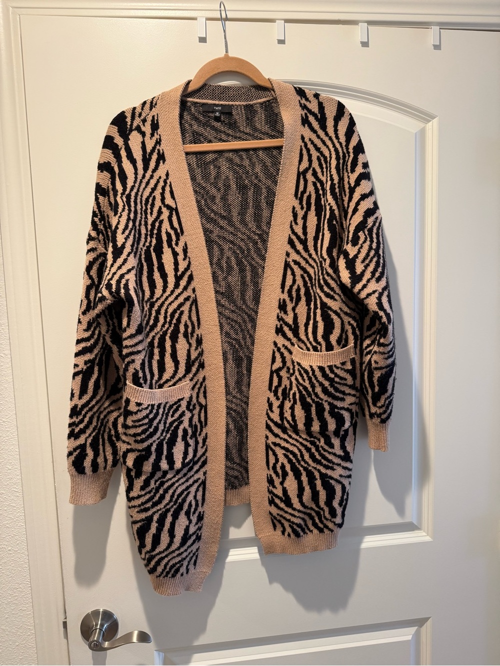 Open Front Zebra Print Cardigan Sweater - Beige/Black